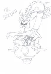 Size: 2368x3447 | Tagged: safe, artist:morteneng21, discord, clothes, cosplay, costume, crossover, doctor eggman, eggmobile, monochrome, sonic the hedgehog (series), traditional art