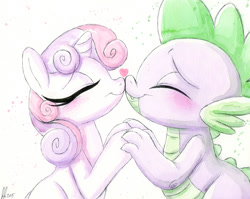 Size: 974x776 | Tagged: safe, artist:prettypinkpony, spike, sweetie belle, dragon, colored, female, male, shipping, spikebelle, straight, traditional art