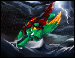 Size: 3060x2358 | Tagged: safe, artist:centchi, oc, oc only, oc:slipstream, flying, lightning, rain, solo, water