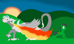 Size: 1052x621 | Tagged: safe, artist:minty candy, dragon, earth pony, pony, fallout equestria, fallout equestria: empty quiver, fire, outdoors, raider, sunrise, terror