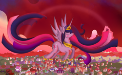 Size: 3264x2010 | Tagged: safe, artist:zsparkonequus, twilight sparkle, twilight sparkle (alicorn), alicorn, pony, female, flying, mare, older, older twilight, ponyville, red sky, solo, ultimate twilight