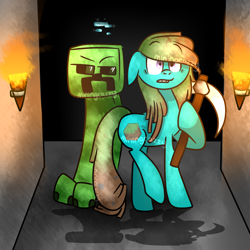 Size: 3200x3200 | Tagged: safe, artist:miningcazzy, derpibooru exclusive, oc, oc only, earth pony, pony, cave, creeper, crossover, minecraft, pickaxe