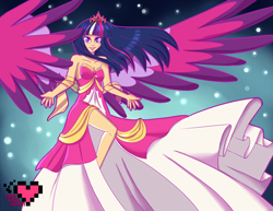 Size: 3850x2975 | Tagged: safe, artist:ladypixelheart, twilight sparkle, twilight sparkle (alicorn), alicorn, human, clothes, colored pupils, dress, female, humanized, side slit, solo, winged humanization, wings