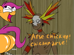 Size: 511x385 | Tagged: safe, artist:sherradestrix, scootaloo, aqua teen hunger force, arse, billywitchdoctor.com, butt, chickun, exploitable meme, faic, forced meme, meme, plot, scootabutt, toilet humor