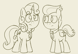 Size: 1223x847 | Tagged: safe, artist:dtcx97, rumble, sweetie belle, lineart, monochrome, necktie, post-crusade