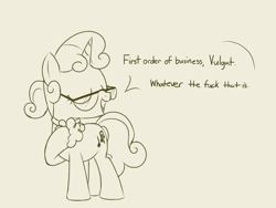 Size: 1280x960 | Tagged: safe, artist:dtcx97, sweetie belle, glasses, lineart, monochrome, post-crusade, solo, vulgar