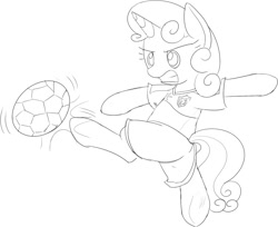 Size: 928x758 | Tagged: safe, artist:mcsadat, sweetie belle, clothes, football, lineart, monochrome, solo