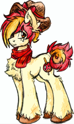 Size: 630x1055 | Tagged: safe, artist:iroxykun, oc, oc only, oc:andy, oc:candy apple, earth pony, pony, clothes, cowboy hat, hat, male, scarf, stallion, unshorn fetlocks