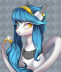 Size: 1700x2000 | Tagged: safe, artist:santagiera, oc, oc only, dracony, hybrid, ear piercing, earring, eye scar, heterochromia, jewelry, piercing, scar, solo