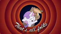 Size: 1574x886 | Tagged: safe, artist:pikapetey, button mash, sweetie belle, a heart for sweetie belle, buttonbetes, cute, diasweetes, female, hug, looney tunes, male, ponies the anthology v, shipping, squishy cheeks, straight, sweetiemash, that's all folks, title card, youtube link