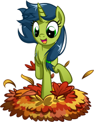 Size: 576x750 | Tagged: safe, artist:habijob, oc, oc only, oc:magical disaster, pony, unicorn, autumn, cute, jumping, leaf pile, ocbetes, solo, stomping