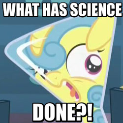 Size: 350x350 | Tagged: safe, screencap, lemon hearts, amending fences, aqua teen hunger force, doctor weird, dr. weird, erlenmeyer flask, flaskhead hearts, horrified, image macro, meme, reaction image, solo, stuck, what has science done