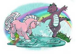 Size: 842x595 | Tagged: safe, artist:solkatt, baby lickety split, spike (g1), dragon, earth pony, pony, g1, claws, dancing, female, happy, male, mare, rain, rainbow, smiling, splashing, tail