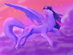 Size: 1600x1200 | Tagged: safe, artist:thepaintedfairy, twilight sparkle, twilight sparkle (alicorn), alicorn, wolf, cloud, cloudy, crossover, flying, night sky, solo, species swap