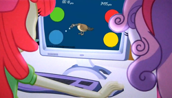 Size: 1256x720 | Tagged: safe, apple bloom, sweetie belle, equestria girls, arthur, computer, meme, obligatory pony, online game, the crusaders browse the internet, virtual goose