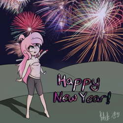 Size: 1280x1280 | Tagged: safe, artist:lightningnickel, oc, oc only, oc:cotton candy, human, clothes, fireworks, humanized, humanized oc, keyhole turtleneck, new year, open-chest sweater, solo, sweater, turtleneck