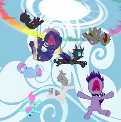 Size: 2048x2065 | Tagged: safe, changeling, earth pony, pony, unicorn, falling, fanfic art, human to pony, nose in the air, screaming, sonic rainboom