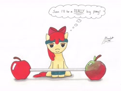 Size: 5000x3744 | Tagged: safe, artist:moonlightscribe, apple bloom, apple, dialogue, headband, lifting, newbie artist training grounds, solo, traditional art, weights