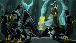 Size: 1920x1080 | Tagged: safe, screencap, king guto, griffon, the lost treasure of griffonstone, armor, discovery family logo, flashback, frown, glare, griffon guard, history of griffonstone, idol of boreas, throne