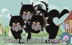 Size: 564x356 | Tagged: safe, edit, edited screencap, screencap, cerberus (character), cerberus, dog, it's about time, caption, collar, dog collar, image macro, meme, multiple heads, raised leg, spiked collar, three heads, you had one job