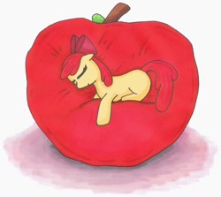 Size: 900x802 | Tagged: safe, artist:moonlightscribe, apple bloom, apple, sleeping, solo, traditional art