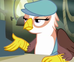 Size: 1273x1074 | Tagged: safe, screencap, gimme moore, griffon, the lost treasure of griffonstone, cash register, frown, hat, newsboy hat, solo, unamused