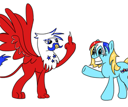 Size: 1103x923 | Tagged: safe, artist:varemia, oc, oc only, griffon, grin, middle finger, ponified, united states