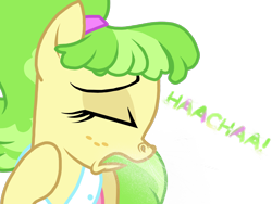 Size: 2048x1536 | Tagged: safe, artist:proponypal, chickadee, ms. peachbottom, fetish, mucus, nostrils, sneezing, sneezing fetish, snot, solo, spray