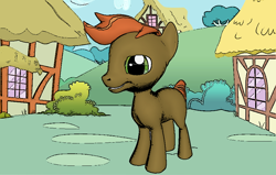 Size: 906x578 | Tagged: safe, artist:darth-silas, button mash, earth pony, pony, 3d, 3d pony creator, button's adventures, colt, grin, hatless, missing accessory, pony creator 3d, ponylumen, ponyville, vector