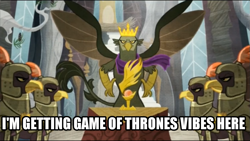 Size: 979x551 | Tagged: safe, screencap, king grover, griffon, the lost treasure of griffonstone, crown, crown of grover, game of thrones, history of griffonstone, idol of boreas, image macro, jewelry, meme, regalia, spread wings, wings