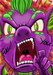 Size: 1336x1890 | Tagged: safe, artist:dinodraketakethecake, spike, dragon, angry, looking at you, pointing, solo, vulgar