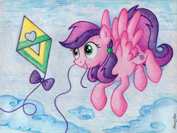 Size: 1614x1215 | Tagged: safe, artist:nancyksu, skywishes, pegasus, pony, g3, cloud, female, flying, g3 to g4, generation leap, kite, kite flying, mare, mouth hold, ribbon, sky, solo, that pony sure does love kites, traditional art