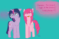 Size: 2333x1529 | Tagged: safe, artist:kittykat-meow, derpibooru import, pinkie pie, twilight sparkle, earth pony, pony, deaf, glasses, katawa shoujo, misha, mute, shizune hakamichi, wahaha