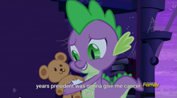 Size: 1279x712 | Tagged: safe, screencap, spike, dragon, amending fences, cancer (disease), meme, teddy bear, twilight's canterlot home, youtube caption