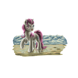 Size: 1000x1000 | Tagged: safe, artist:da-exile, twinkleshine, beach, sand, solo, wave, wet mane, wink