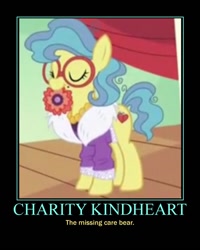 Size: 600x750 | Tagged: safe, screencap, charity kindheart, made in manehattan, care bears, demotivational poster, meme, motivational poster, mouth hold, solo