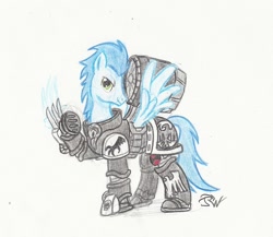 Size: 1024x889 | Tagged: safe, artist:sensko, soarin', pegasus, pony, crossover, hoof blades, jetpack, lightning claw, male, pencil drawing, power armor, raised hoof, raven guard, solo, space marine, stallion, traditional art, warhammer (game), warhammer 30k, warhammer 40k