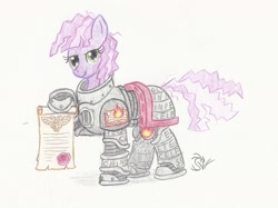 Size: 1827x1368 | Tagged: safe, artist:sensko, cheerilee, earth pony, pony, 80s, 80s cheerilee, alternate hairstyle, crossover, female, heresy, mare, pencil drawing, ponified, power armor, solo, space marine, traditional art, warhammer (game), warhammer 30k, warhammer 40k, word bearers