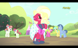 Size: 1280x800 | Tagged: safe, screencap, big macintosh, blues, cherry berry, noteworthy, rainberry, rainbow stars, sunshower raindrops, earth pony, pony, brotherhooves social, bloomers, clothes, costume, crossdressing, male, not sure if want, orchard blossom, stallion, wat