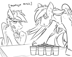 Size: 3496x2770 | Tagged: safe, artist:ralek, oc, oc only, oc:turquoise, oc:umami stale, pegasus, pony, beer pong, drinking, drool, drunk, gauges, headband, montage, piercing, training, whistle