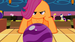 Size: 889x500 | Tagged: safe, edit, edited screencap, screencap, bon bon, cherry berry, scootaloo, sea swirl, seafoam, sweetie drops, twinkleshine, the cutie pox, bowling ball, not salmon, wat