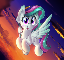 Size: 2000x1882 | Tagged: safe, artist:january3rd, oc, oc only, oc:glitter glam, pegasus, pony, cloud, cute, cute little fangs, dusk, ear fluff, fangs, female, flying, heart, looking at you, mare, open mouth, sky, smiling, solo, spread wings, wings
