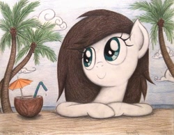 Size: 1016x787 | Tagged: safe, artist:thefriendlyelephant, oc, oc only, oc:coconut cake, pegasus, pony, coconut, coconut tree, cute, drink, ocean, palm tree, solo, straw, traditional art, tree, tropical, umbrella