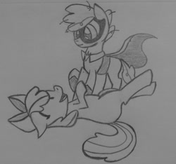 Size: 934x874 | Tagged: safe, artist:poorlydrawnpony, apple bloom, humdrum, humdrum (pony), monochrome, power ponies, tickling, traditional art