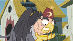 Size: 1360x768 | Tagged: safe, edit, edited screencap, screencap, grampa gruff, griffon, the lost treasure of griffonstone, bits, eye scar, fez, gravity falls, grunkle stan, hat, male, scar