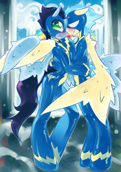 Size: 1000x1417 | Tagged: safe, artist:iopichio, misty fly, soarin', anthro, unguligrade anthro, arm hooves, duo, gay, male, mistin', rule 63, shipping, wonderbolts uniform