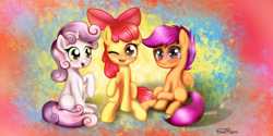 Size: 2000x1000 | Tagged: safe, artist:finalaspex, apple bloom, scootaloo, sweetie belle, cutie mark crusaders, looking at you, sitting, smiling