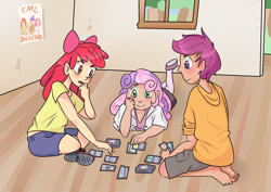 Size: 3508x2480 | Tagged: safe, artist:vogelchan, apple bloom, scootaloo, sweetie belle, human, barefoot, card, cutie mark crusaders, feet, humanized