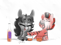 Size: 2893x2149 | Tagged: safe, artist:helloiamyourfriend, oc, oc only, oc:dinnea, oc:mallac, donkey, zebra, alcohol, drinking