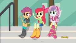 Size: 1280x720 | Tagged: safe, screencap, apple bloom, scootaloo, sweetie belle, equestria girls, friendship games, boots, clothes, cute, cutie mark crusaders, grin, open mouth, shorts, sitting, smiling, smirk, waving